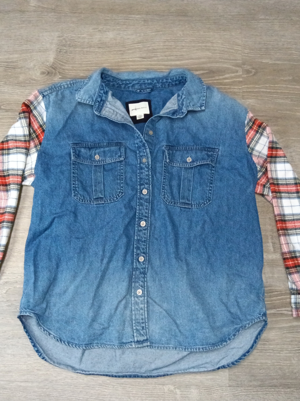 American Eagle Outfitters Denim Shirt Jacket with Red Plaid Sleeves